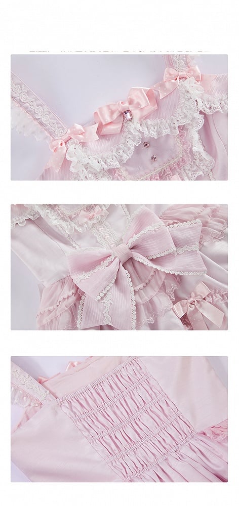 ピンクのプリンセスレイヤードフリルドレス、取り外し可能なパフスリーブ付きスイートロリータジャンパースカート