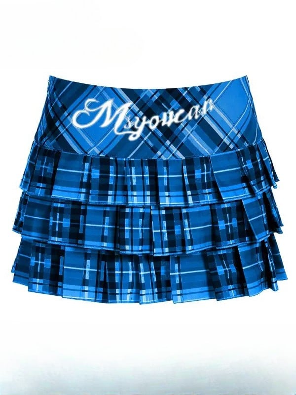 Musterrock Buchstabe Plaid Print Blau Y2K Plissee Klein