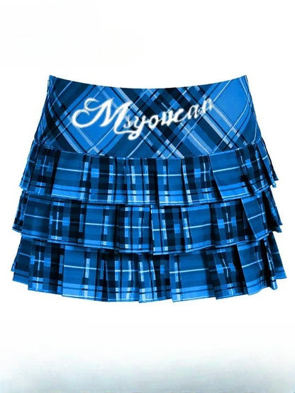Musterrock Buchstabe Plaid Print Blau Y2K Plissee Klein