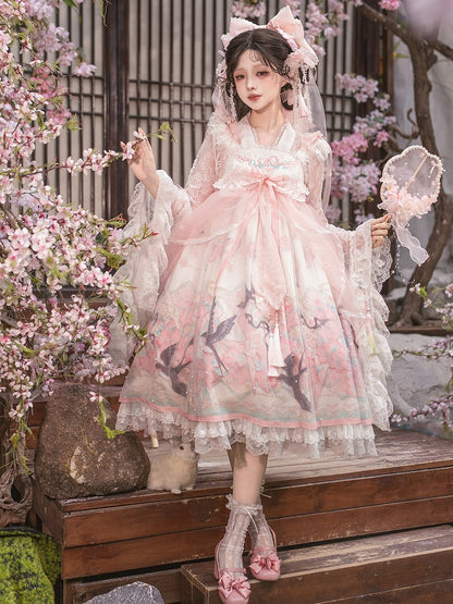 Peach Blossom Print Pink Empire Waist Chinoiserie Lolita Dress with Beaded Sheer Overlay - Dream Magic Box