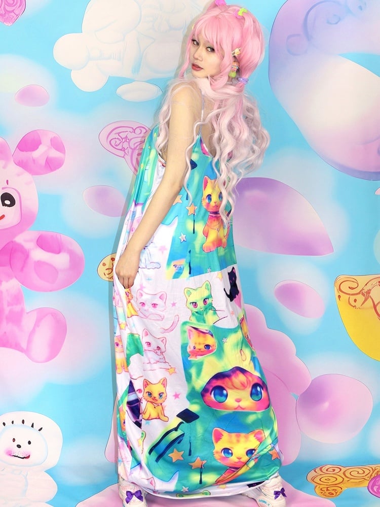Y2K Print Cat Cami Colorful Dress