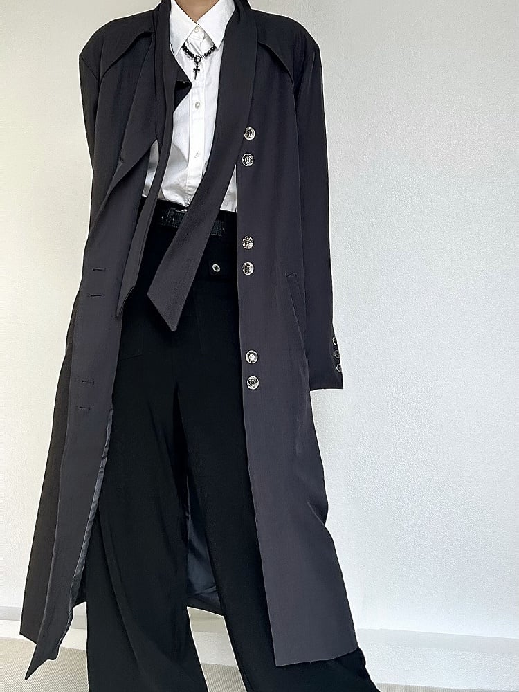 Button Gray Tie Long Trench Lolita Vintage with Cuffs Ouji Coat Neck