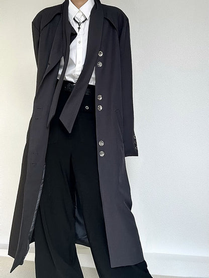 Button Gray Tie Long Trench Lolita Vintage with Cuffs Ouji Coat Neck