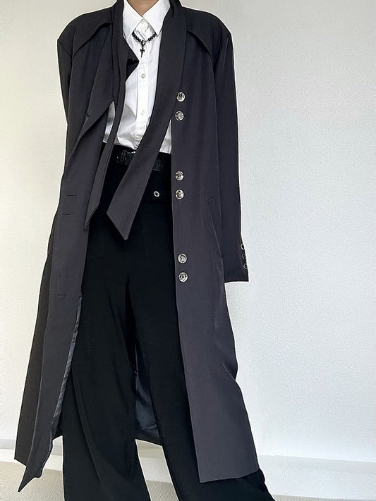 Button Gray Tie Long Trench Lolita Vintage with Cuffs Ouji Coat Neck