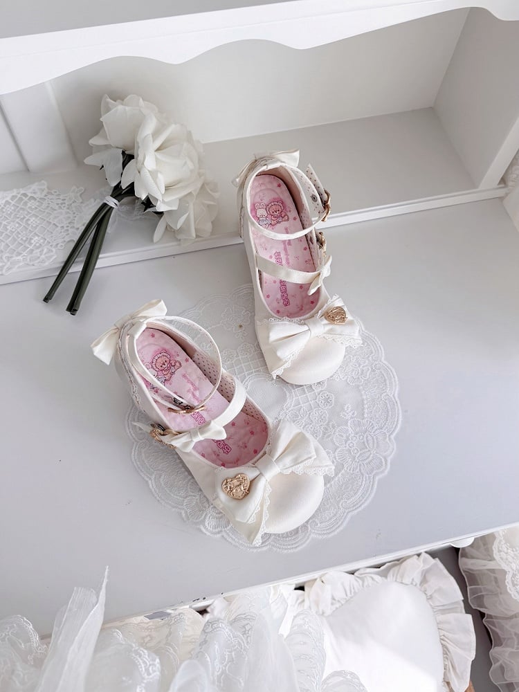 White Carousel Theme Lolita Shoes with 5.5cm Embossed Heel Round Toe Lace Heart Details - Vintage Sweetheart