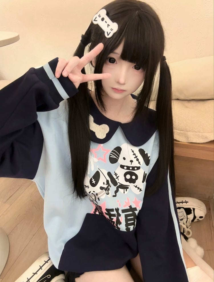 Pan Fleece Peter Blue Puppy with Sweatshirt Print Punk Black Collar and Alt-Kawaii Embroidered Bone