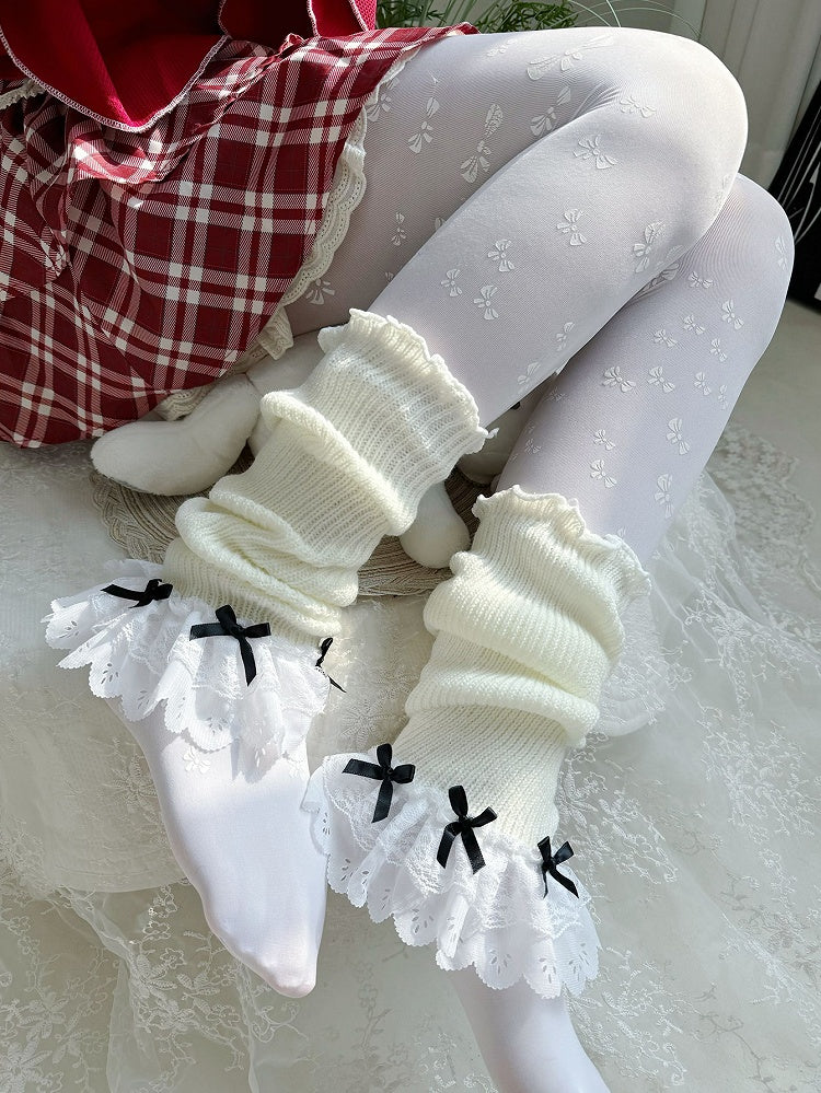 White Bow Lace Trim Lolita Leg Warmers