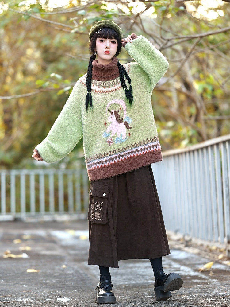 Green Jacquard Unicorn High-neck Sweater Isle Fair