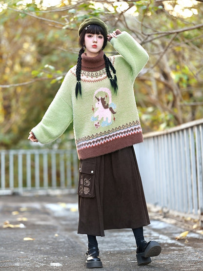Green Jacquard Unicorn High-neck Sweater Isle Fair