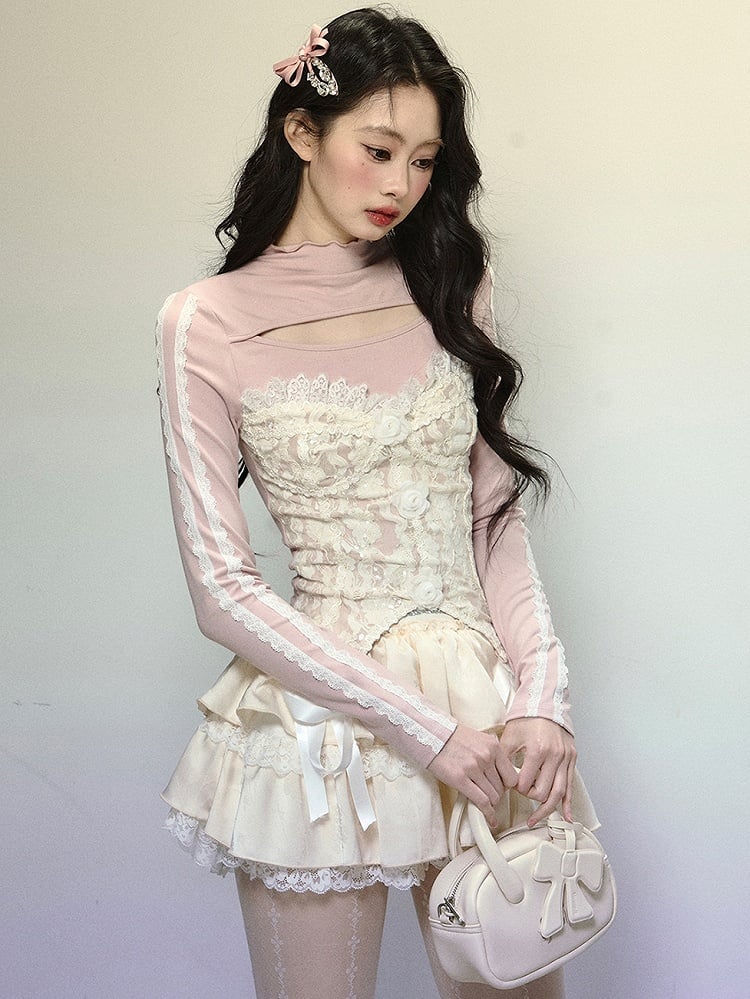 Rosa Patchwork-Top aus Spitze mit floralen Verzierungen und Cutout-Detail