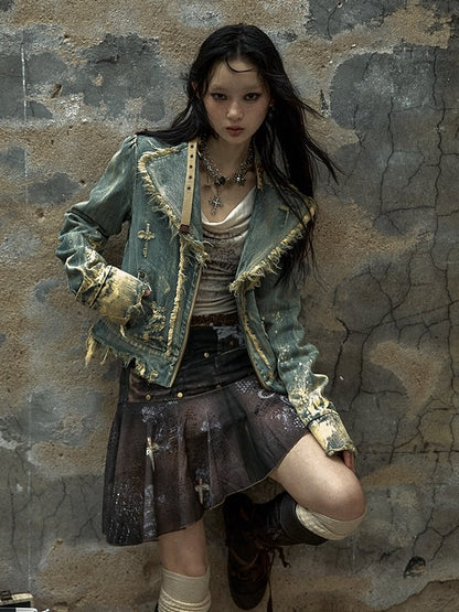 Vintage Punk Blau gewaschene Jeansjacke