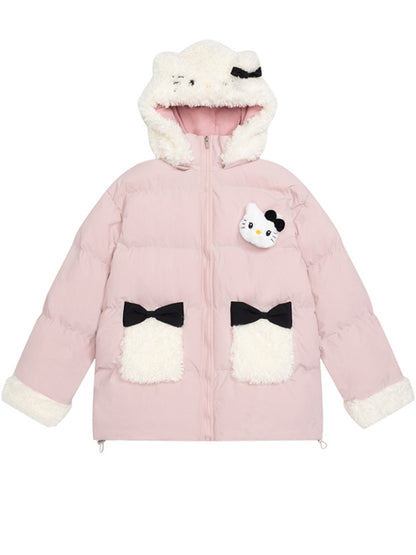 Rosa/schwarze Pufferjacke mit Kapuze und Plüschbündchen mit Kätzchen-Verzierung