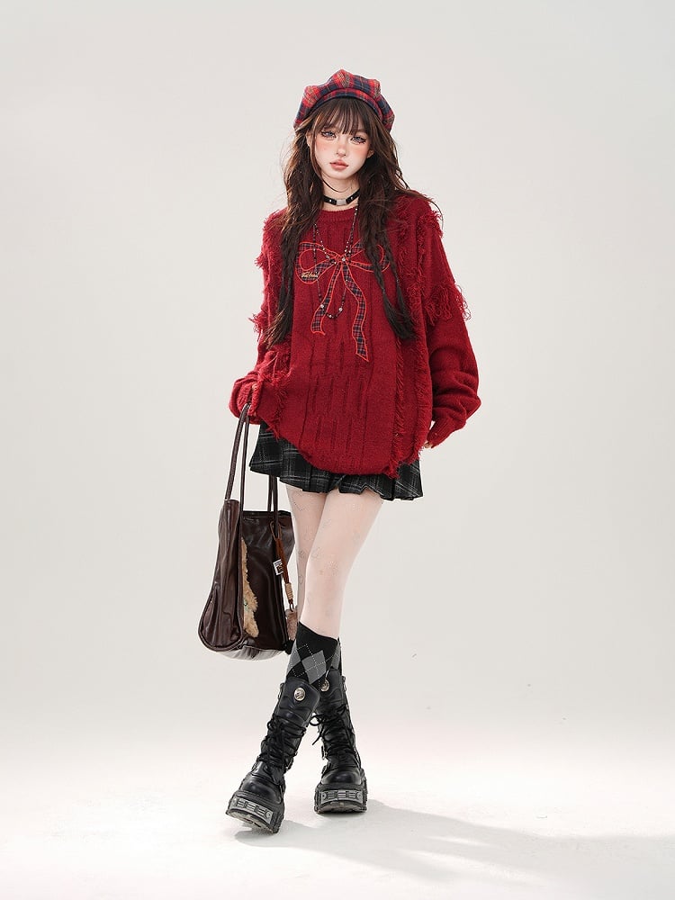 Plaid - Distressed Bittersweet Kawaii Bow Red Sweater Embroidery Hem