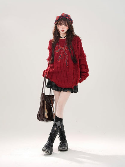 Plaid - Distressed Bittersweet Kawaii Bow Red Sweater Embroidery Hem