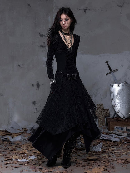 Black Dress Sleeve Knit with Waist Punk Hem Tiered Handkerchief Juliette Studded