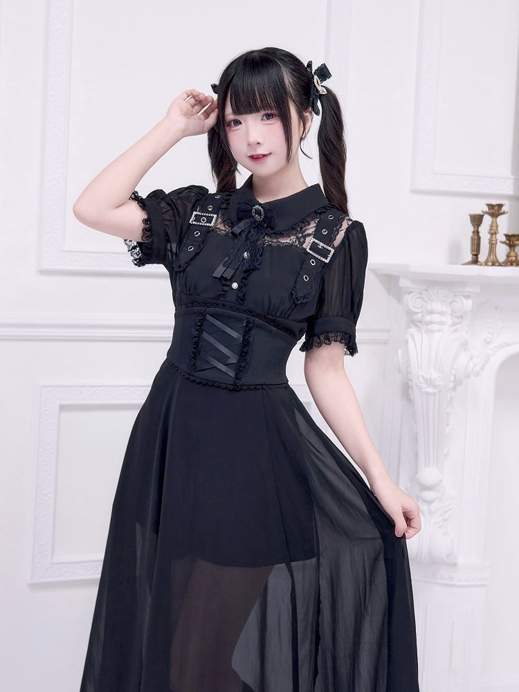 Illusion Schwarzes Ausschnittkleid Kostenloses Korsett Jirai Schnalle mit Gürtel verziert Kei Long