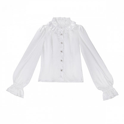 White Ruffled Collar Long Sleeves Ouji Military Lolita Shirt with Bead Buttons - Unknown Star