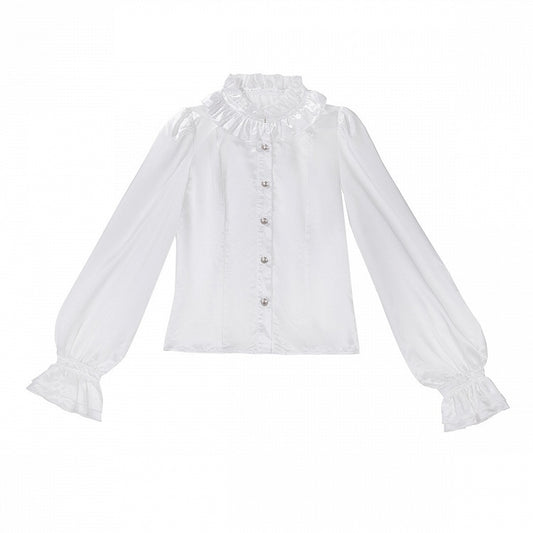 White Ruffled Collar Long Sleeves Ouji Military Lolita Shirt with Bead Buttons - Unknown Star