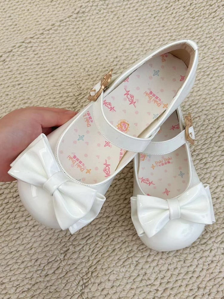 in PU Decorative Bow with Rabbit-shaped Toe and Round Low-heel Shoes Clasp White