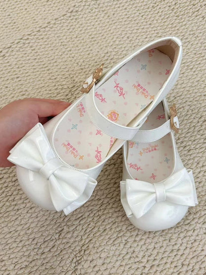 in PU Decorative Bow with Rabbit-shaped Toe and Round Low-heel Shoes Clasp White