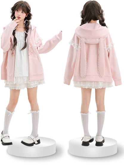 Yume Kawaii Pink Bunny Ear Hood and Bunny Print Zip Closure Hoodie