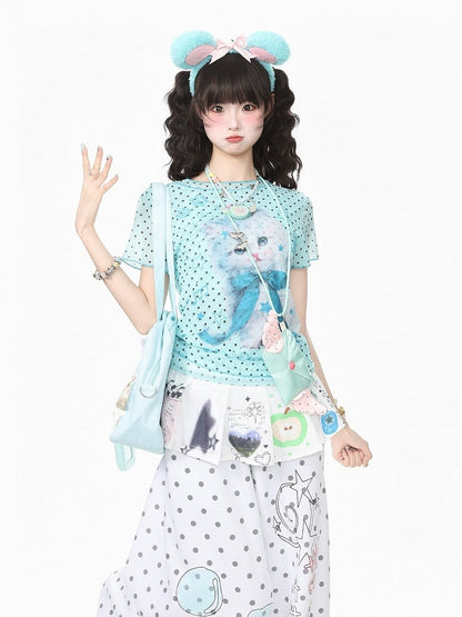 Green Mesh Tee with Polka Dot and Kitty Print - Languid Park