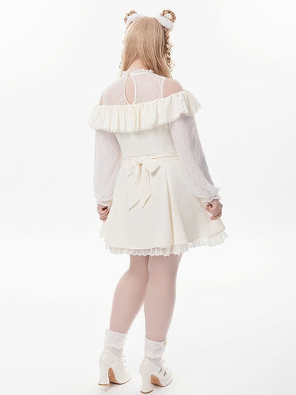 Beiges Jirai Kei-Kleid mit Illusionsausschnitt, ausgeschnittenen Schultern und Fliege