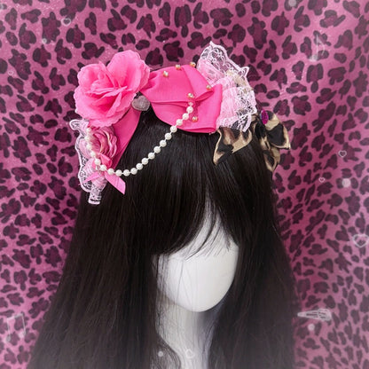 Leopard Showa-style Hime KC Floral Headpiece Lace Pink with Print