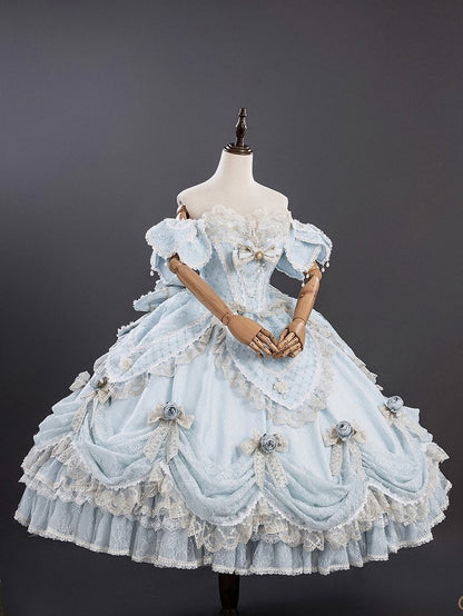 Version Light Hime Off-Shoulder Lace and with Details Gown Layered Blue Lolita Hanayome Bow Short Ruffles