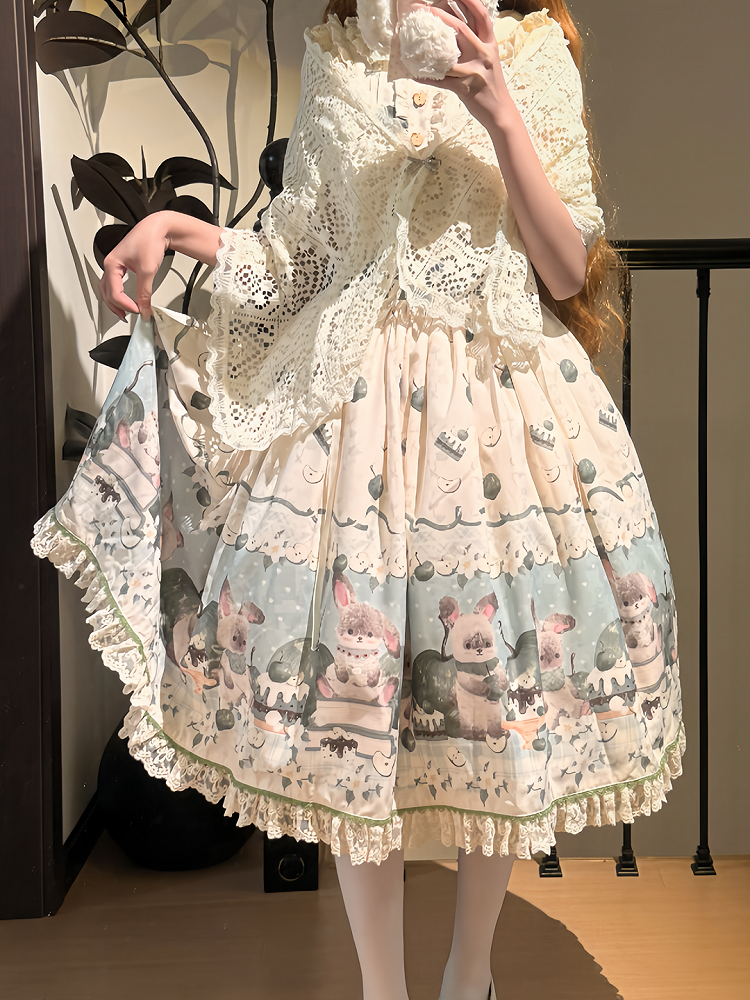 with Green Beige Trim Print Sweet Dress Lace Apple Bunny Lolita and