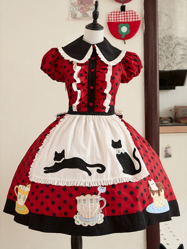 White Lolita Apron with Black Cat Patches - Rock Candy Box