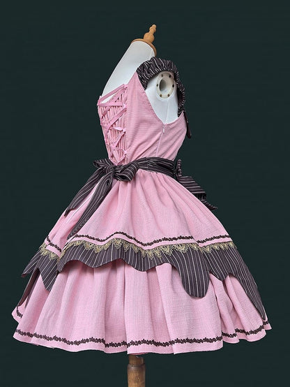 Pink Striped Square Details Sweet with Dress Bow Brown Neckline Lolita