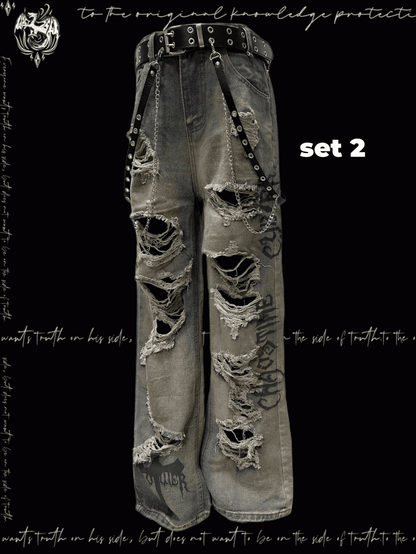 Wash Y2K Jeans Wasteland Punk Blue Faded Distressed Holes Glamorous