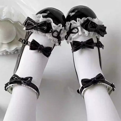 Leather PU Heel Bow Top Low-heel Shoes 3cm Lolita Accents Trim with Black and - Lace