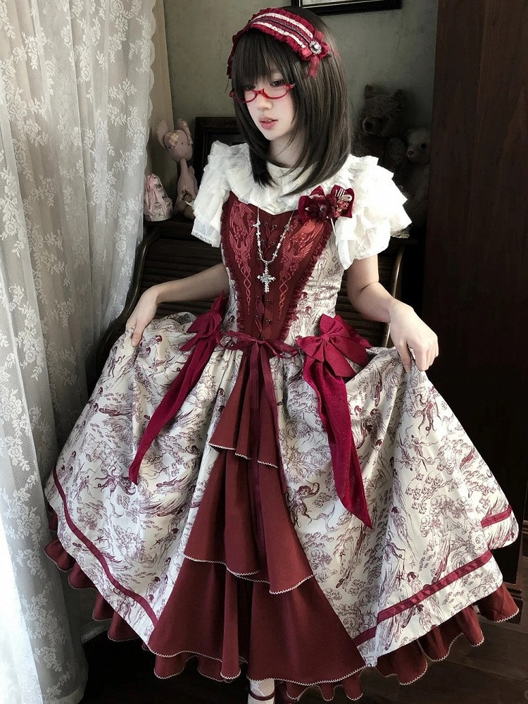 Animals and Bodice Elegant Forest with Corset Print Lolita Dress Red