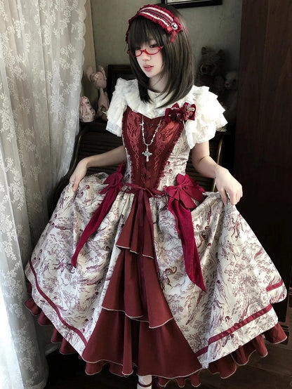 Animals and Bodice Elegant Forest with Corset Print Lolita Dress Red