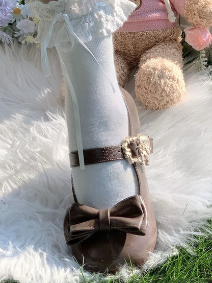 Cat Bow Lolita at Top Brown Sweet Toe in Round Shoes Low-heel Decor Clasp