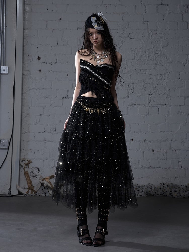 Black/White Crossover Design Bead Hem Details Fringe Baroque