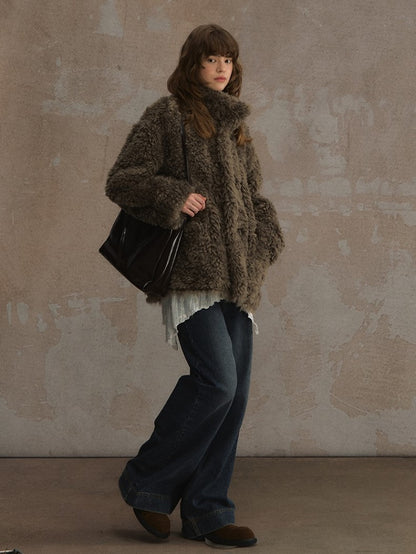 Reversible Suede and Fleece Coat with Fluffy Accents Khaki/Dark Brown