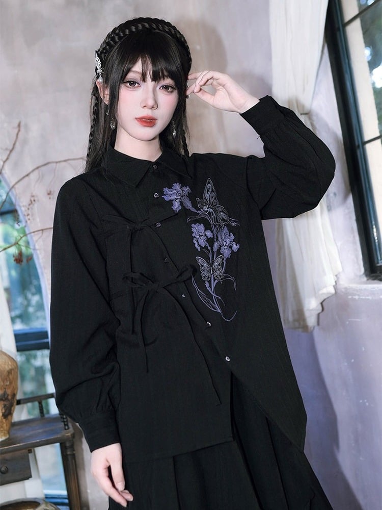 Gothic Long-Sleeve Shirt with Asymmetric Placket & Iris Print in Black Purple - Quirky Hut
