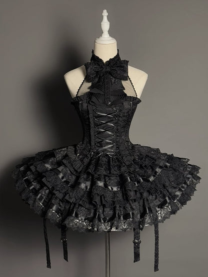 Strappy Skirt Black Heart Buckle Kuro Gothic Lolita Ruffles Tiered
