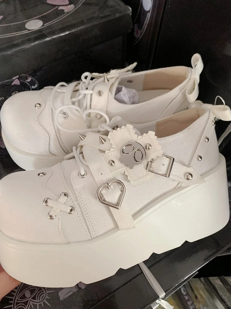 Cross Shoes Style Denim in Platform Decor Skeleton Studs White Details Punk