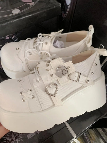 Cross Shoes Style Denim in Platform Decor Skeleton Studs White Details Punk