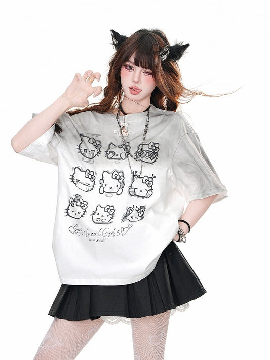 グラデーショングレー ラウンドネック キティ ルーズTシャツ