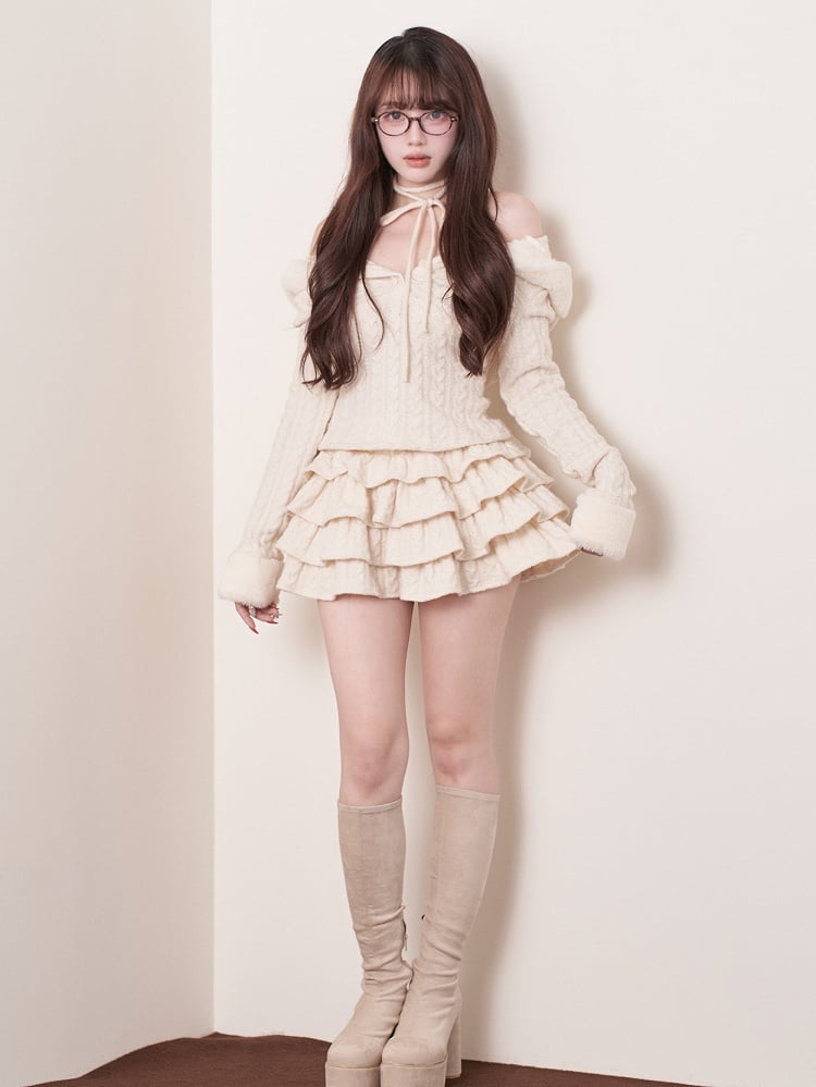 White Skirt Knit Jirai Multi-Layered Ruffle Kei