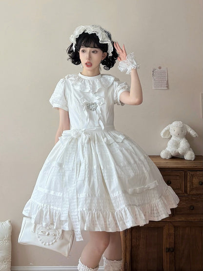 Ivory Checkered Puff Sleeve Lolita One-Piece Dress