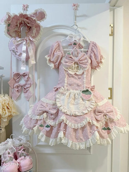 Dress Hairband Sweet Bow Lace Polka OP Themed Strawberry Full Bunny with Choker Details Bonnet + Set Dot Light and Pink Lolita Ear