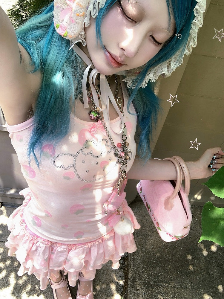 Strawberry Built-in Pink Skirt Tiered Shorts with Print