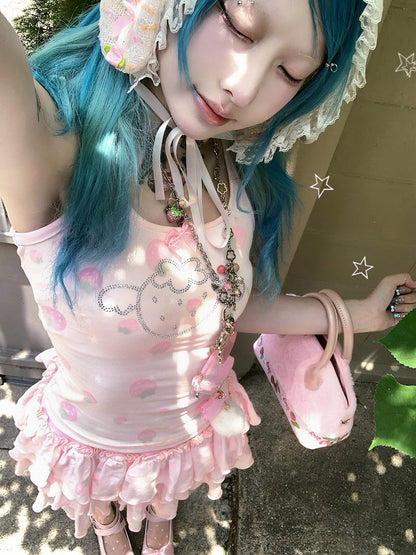 Strawberry Built-in Pink Skirt Tiered Shorts with Print