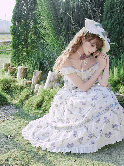 ネックラインジャンパースカート ベージュ オフショルダー パープルアイリス刺繍